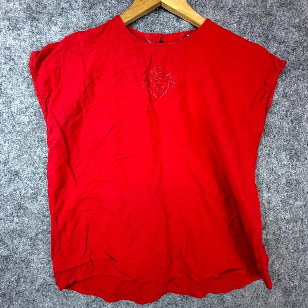 Vintage Erika & Company Blouse Top Womens Medium Red Rayon Bold Solid Layer